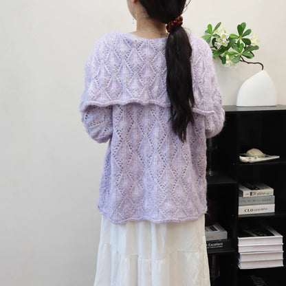 Hollow-out Three-dimensional Flower Collar Knit Cardigan Version Loose Soft Sweater Jacket for Women