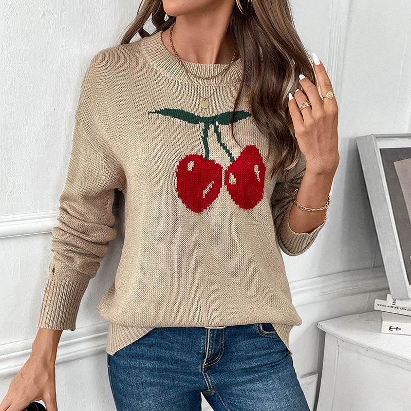 Round neck loose cherry jacquard pattern knitted sweater for women