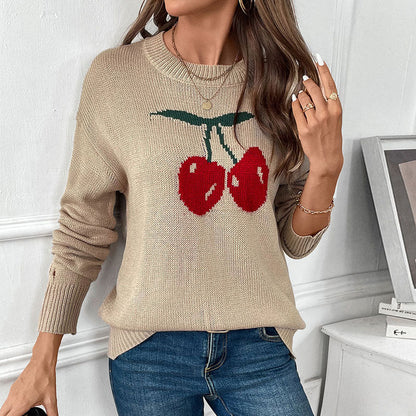 Round neck loose cherry jacquard pattern knitted sweater for women