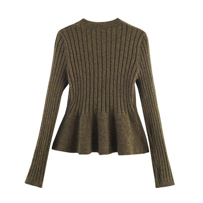 Round neck single breasted waist cinched short knit sweater for women