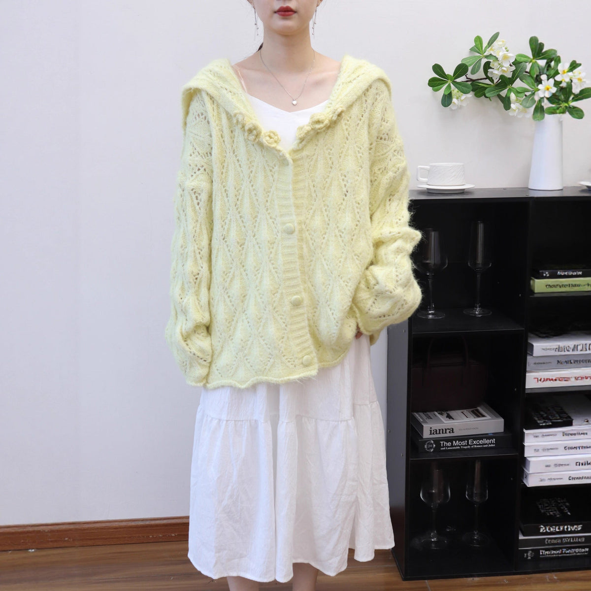 Hollow-out Three-dimensional Flower Collar Knit Cardigan Version Loose Soft Sweater Jacket for Women