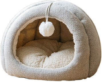Semi-Enclosed Arch Dome Cat Cave Bed — Plush Sherpa Interior with Hanging Pompom Toy