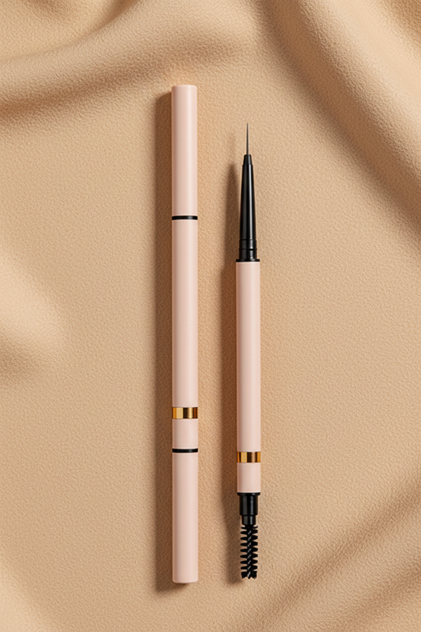Pink eyebrow pencil duo studio front view with gold accent rings