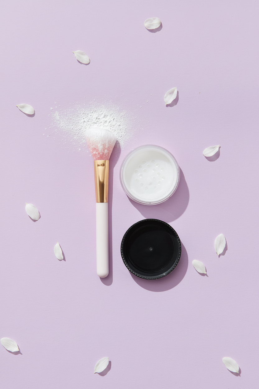 Flat lay of black powder jar and pink brush on lilac fabric with white flower petals