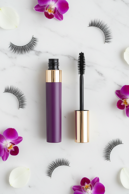Flat lay of purple mascara on white marble surface