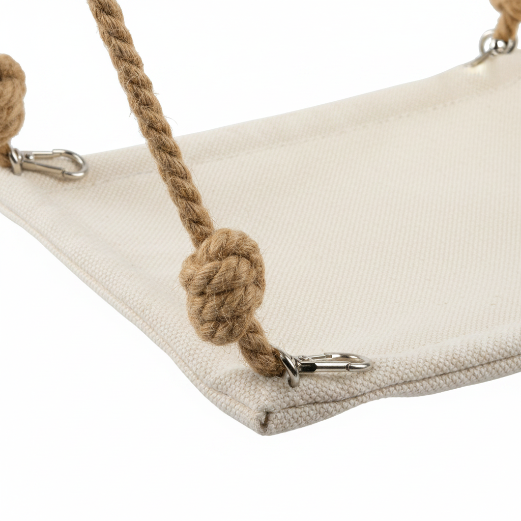 Close-up of canvas fabric texture and reinforced rope corner hooks on cat hammock