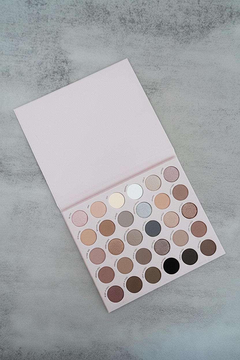 35-shade neutral eyeshadow palette open studio shot on marble background