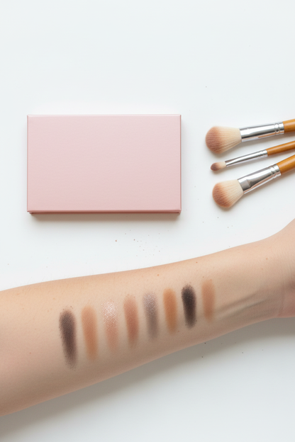Flat lay of closed pink eyeshadow palette with brushes and neutral shade swatches
