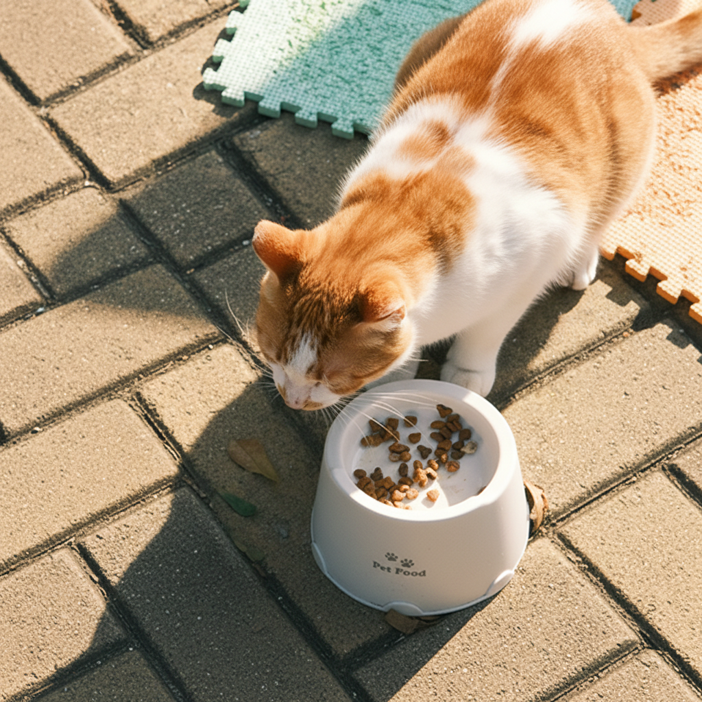 White ceramic pet food bowl with paw print — top-down view