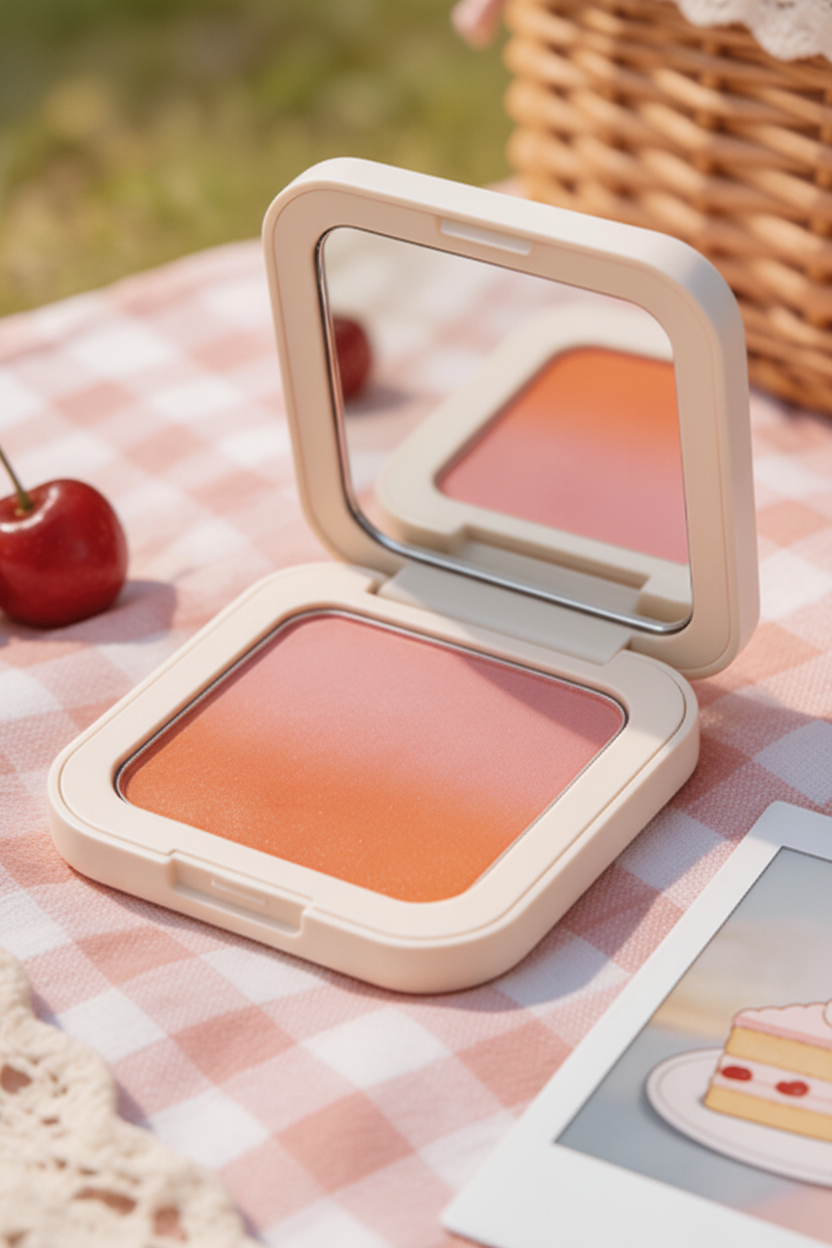 Close-up of silky coral peach blush powder texture in white compact