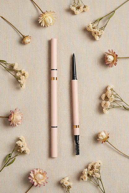 Flat lay of pink eyebrow pencil on warm beige linen with dried flowers