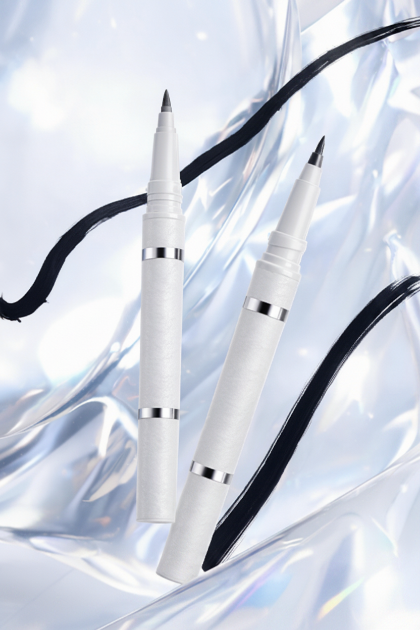 Flat lay top view of dual-ended eyeliner pens on holographic background