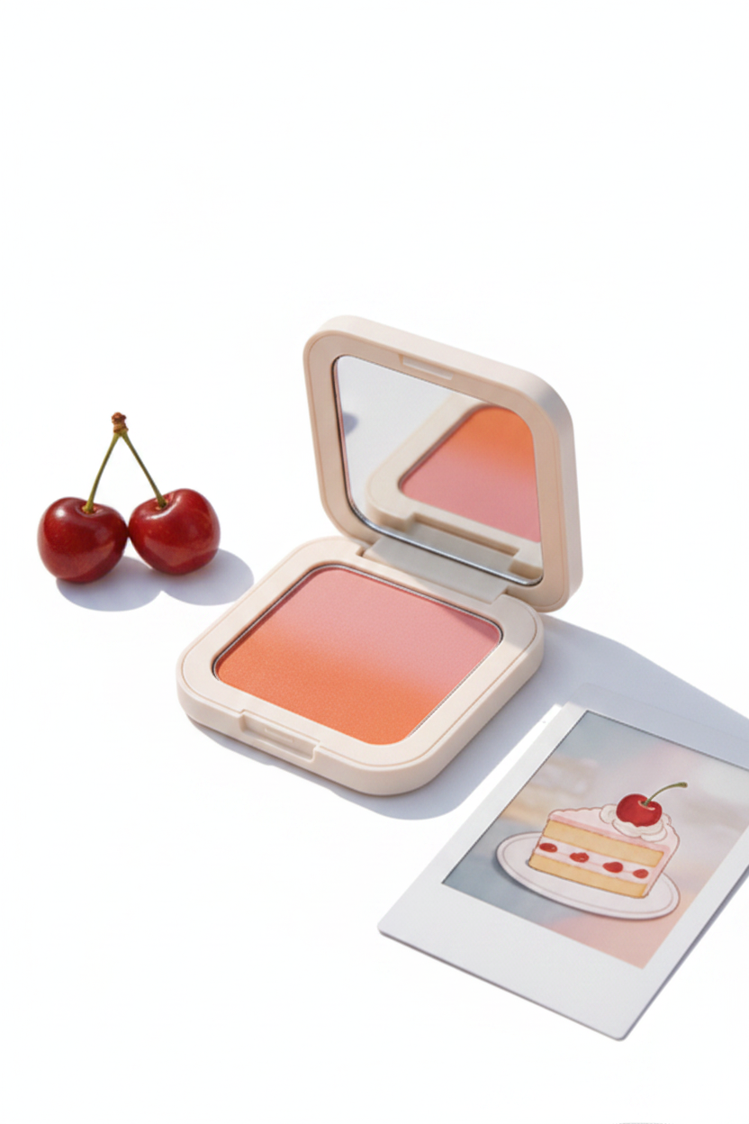 Square cream white blush compact open with mirror studio front view