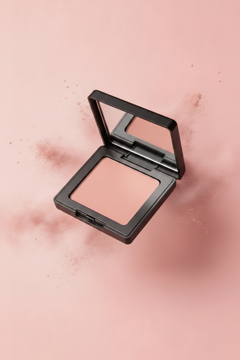 Matte black square compact floating on pink background studio shot