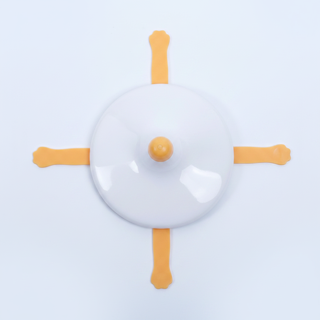 Electric rotating cat toy white disc with four orange arms top-down view on white background