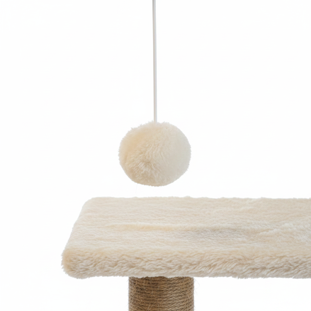 Cat tree plush platform close-up with hanging pompom toy detail