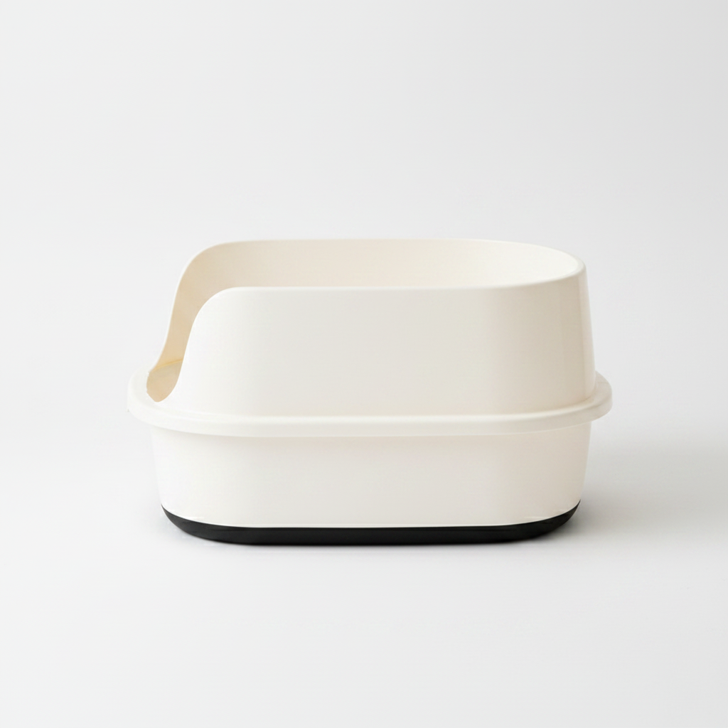 Cat litter box side profile showing tall high-wall design and ergonomic entry opening