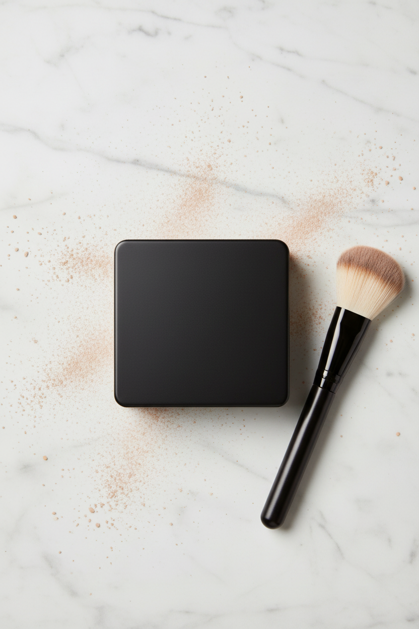 Flat lay of closed matte black compact with brush on white marble surface