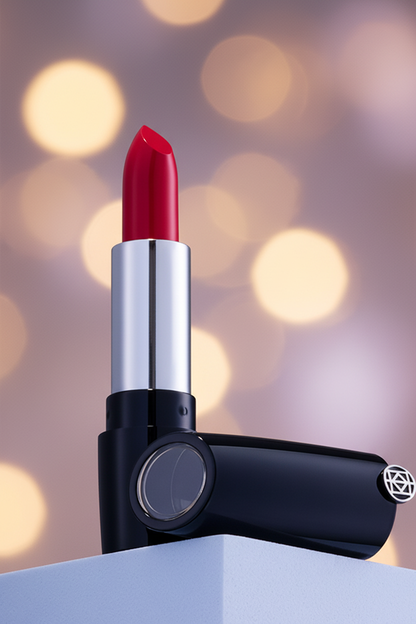 Close-up of vivid red lipstick bullet with silver collar and navy case