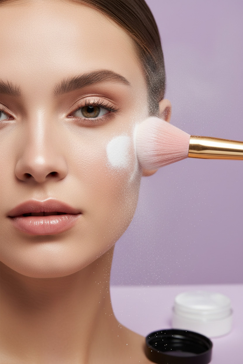 Lifestyle shot of translucent setting powder being applied to model face for airbrushed finish