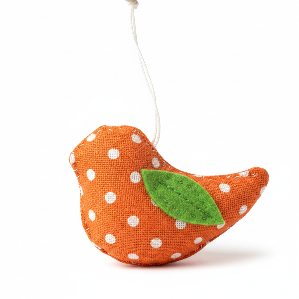 Close-up detail of orange polka dot fabric bird charm with green leaf accent