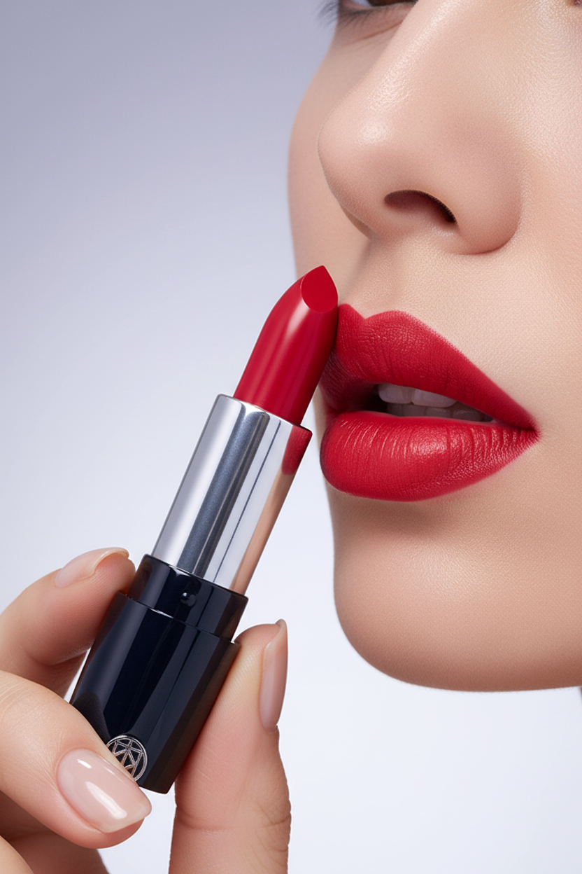 Lifestyle shot of bold red lipstick on model lips with navy case in hand