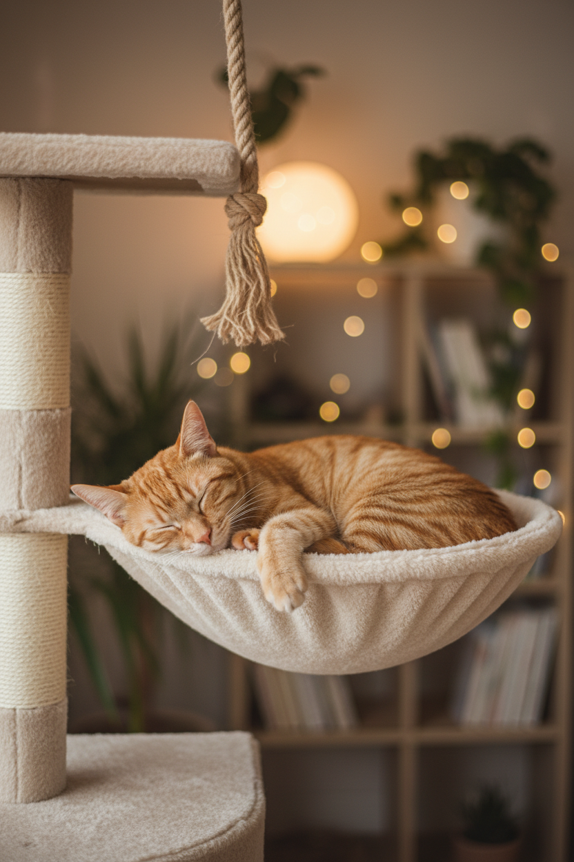 Orange cat sleeping in cream canvas hammock on cat tree lifestyle photo