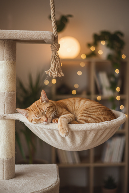 Orange cat sleeping in cream canvas hammock on cat tree lifestyle photo