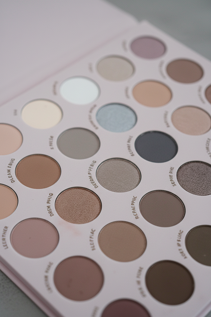 Close-up of neutral eyeshadow palette pans showing matte and shimmer textures
