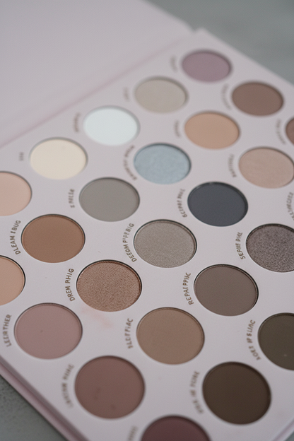 Close-up of neutral eyeshadow palette pans showing matte and shimmer textures
