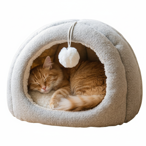 Semi-enclosed arch dome cat cave bed beige exterior cream interior full front view