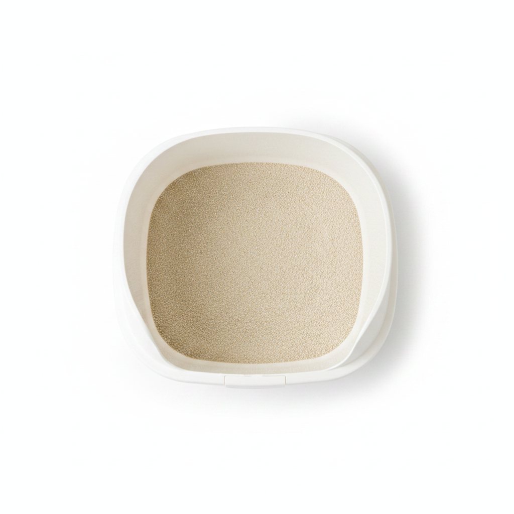 Cat litter tray top-down view showing spacious interior and smooth rounded corners