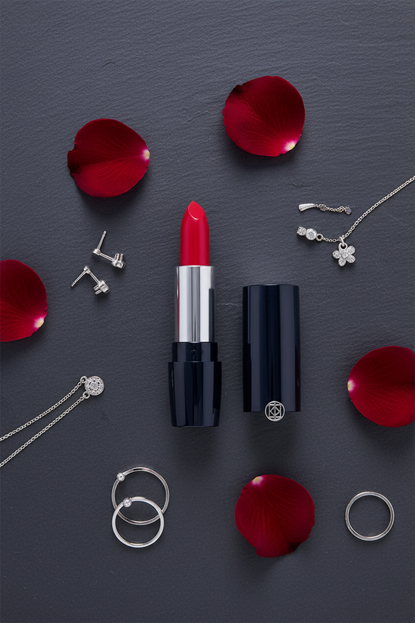 Flat lay of navy blue lipstick with rose petals and silver jewelry on dark slate