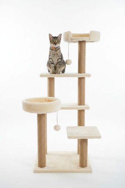 Multi-level cat tree tower with sisal post and cream plush platforms — full front view