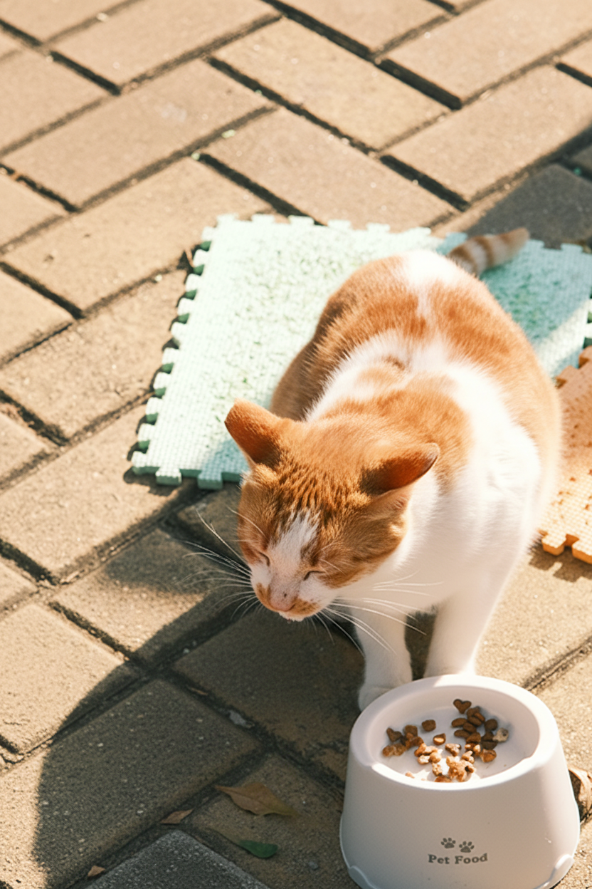 White ceramic pet food bowl lifestyle shot with cat eating outdoors