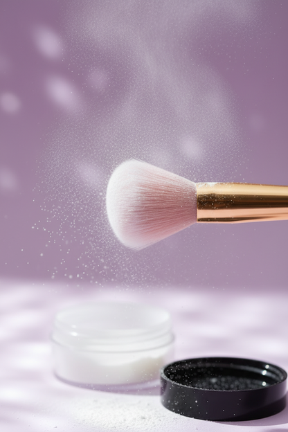 Close-up of fluffy powder brush dusting translucent setting powder with particles floating