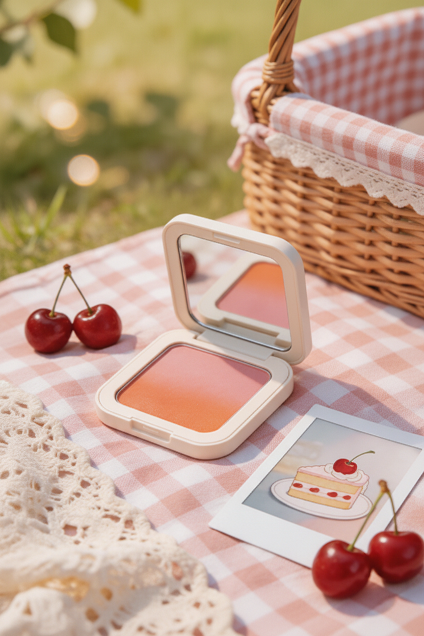 Cottagecore flat lay of blush compact with cherries and pink gingham fabric