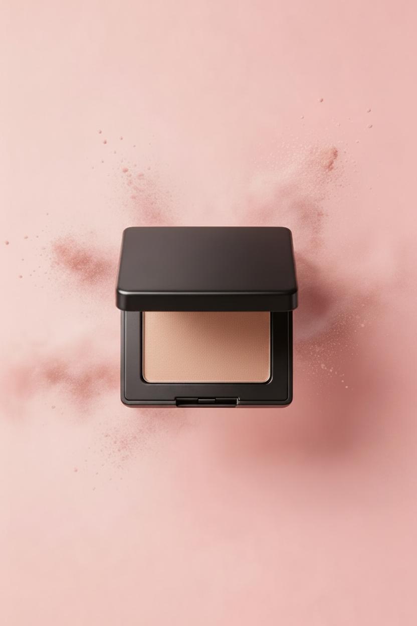 Close-up of open black compact showing smooth pressed powder pan texture