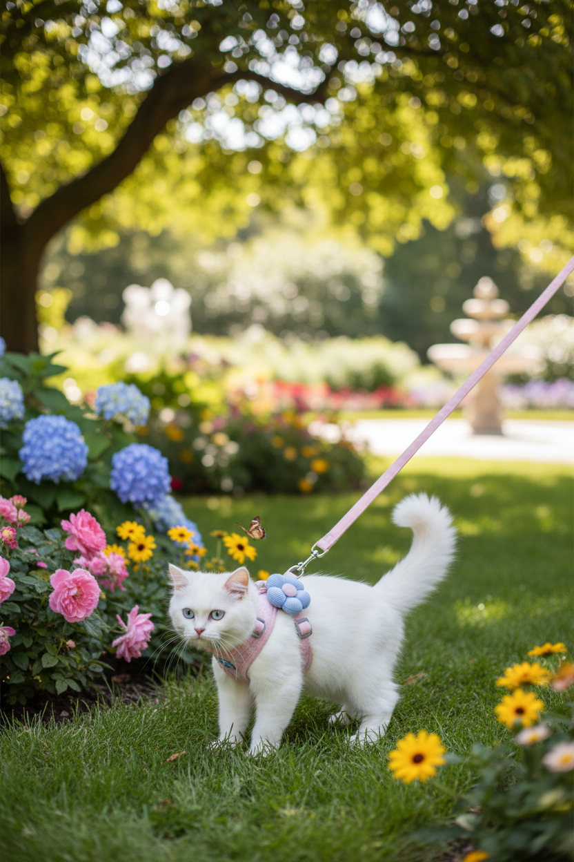 White cat wearing pink floral harness being walked outdoors in garden lifestyle photo