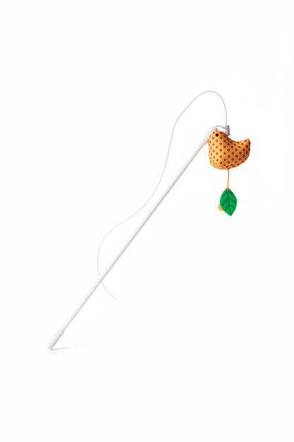 Fabric bird cat teaser wand toy full product view on white background