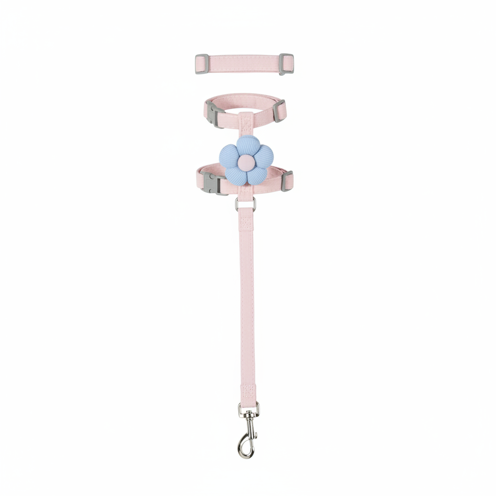 Cat harness and leash set pink nylon with blue flower flat lay on white background