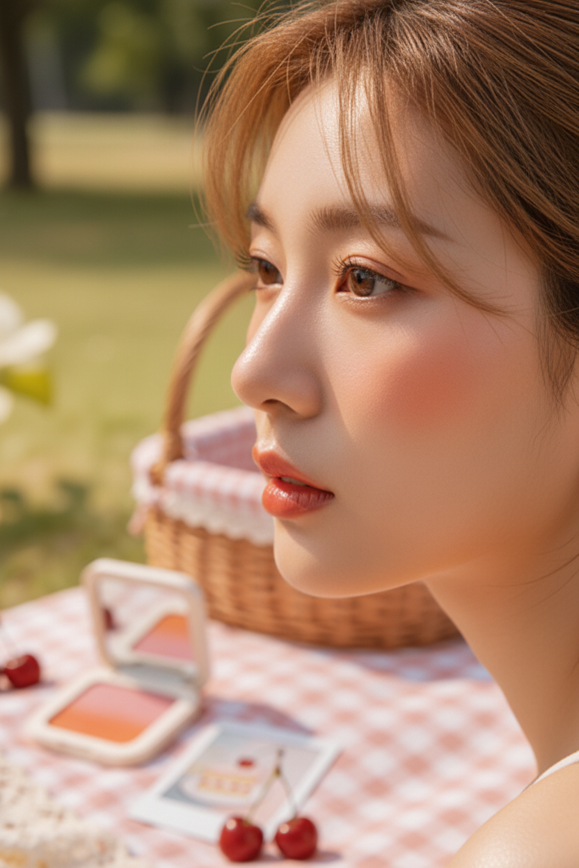 Lifestyle shot of glowing coral blush on model cheeks in golden sunlight