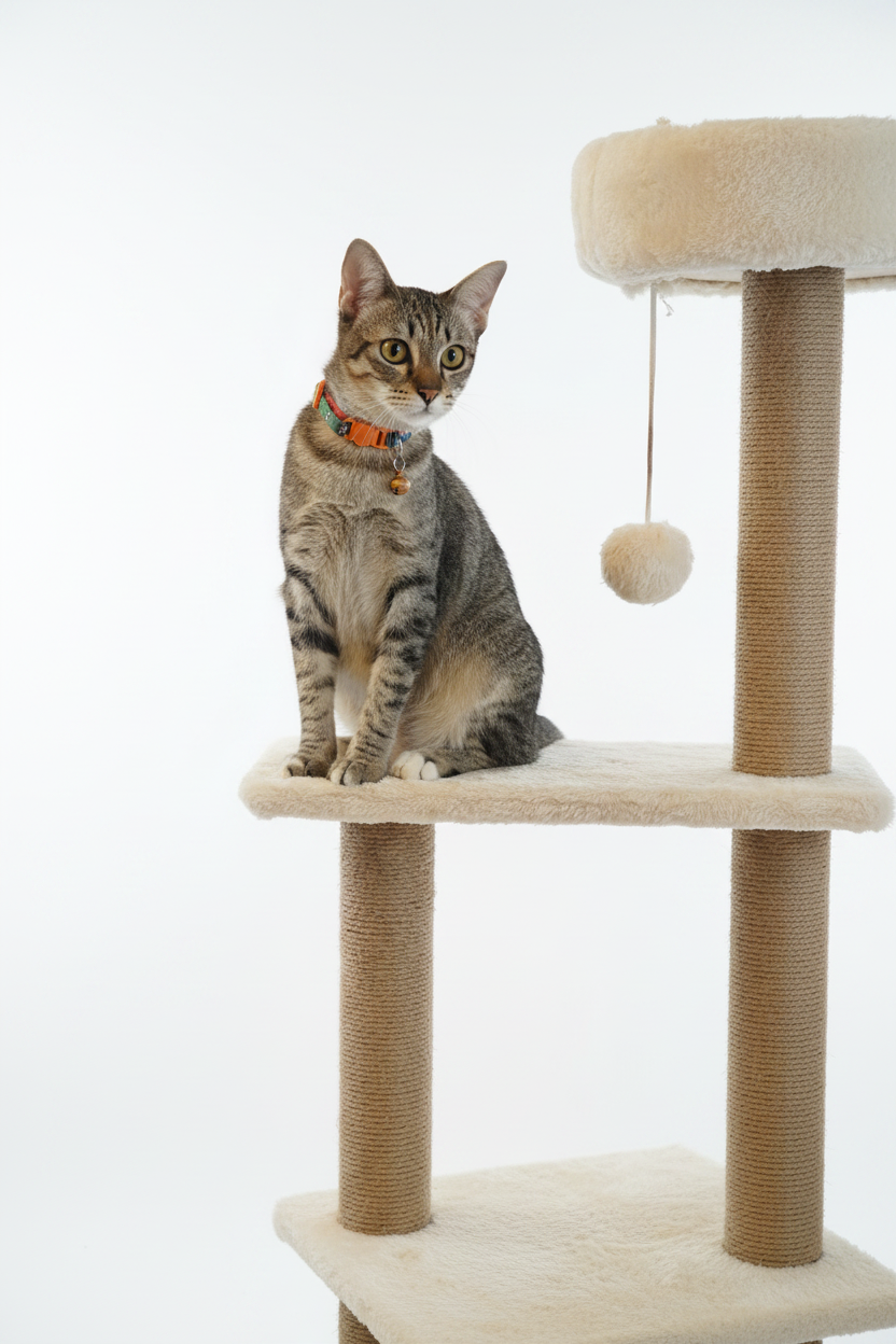 Cat tree tower with sisal scratching post — 45 degree angle view