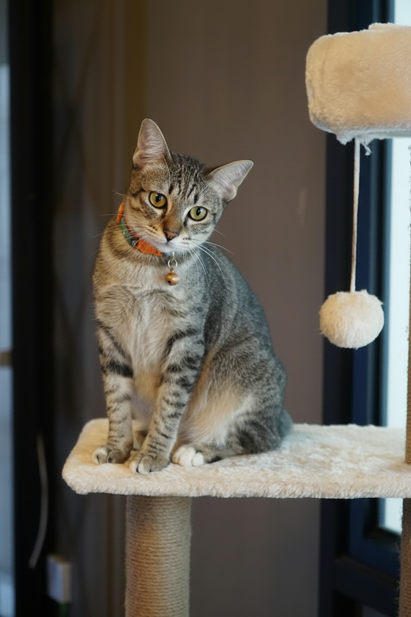 Tabby cat on cat tree tower lifestyle shot in cozy home setting