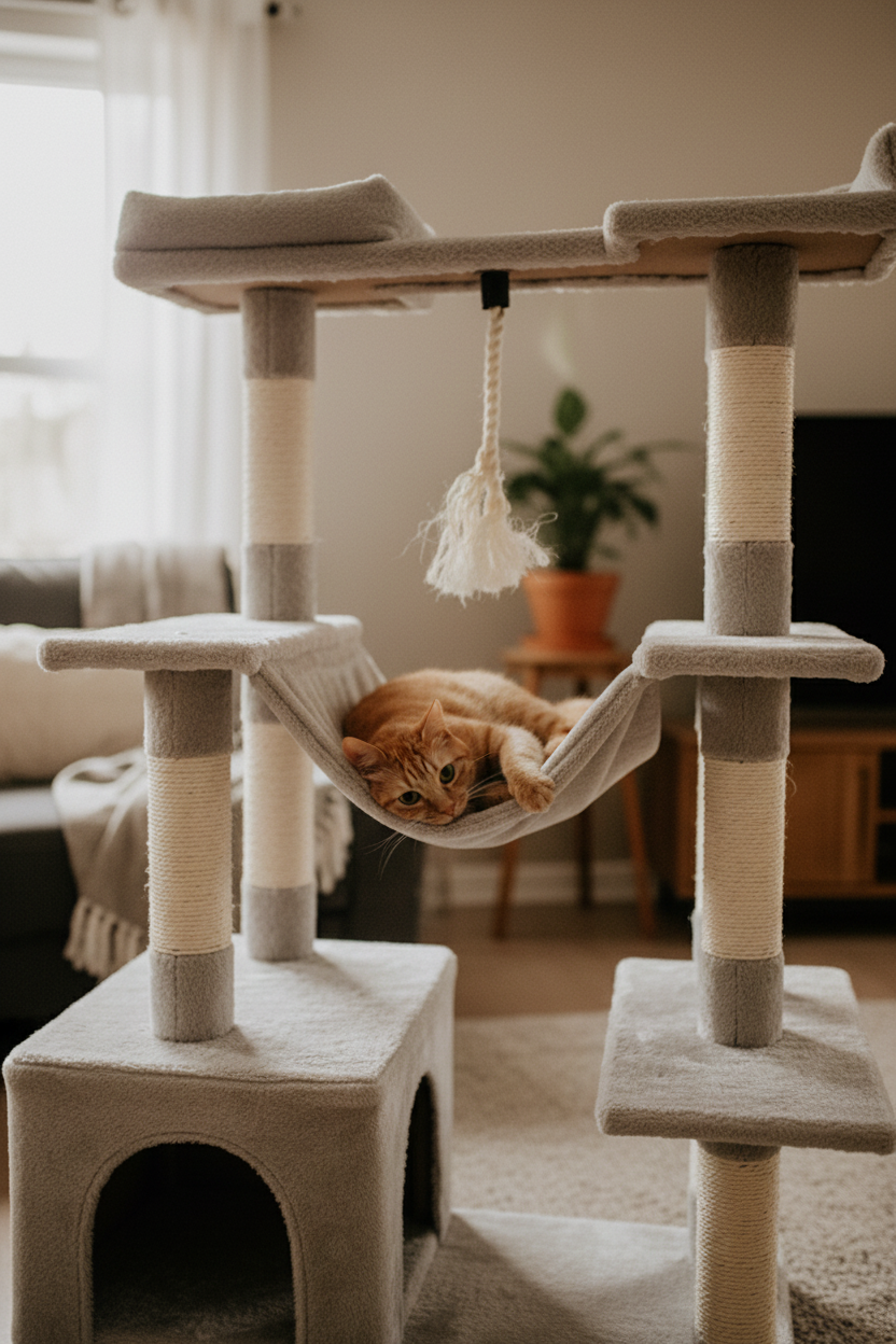 Cat hammock installed on cat tree tower side angle view