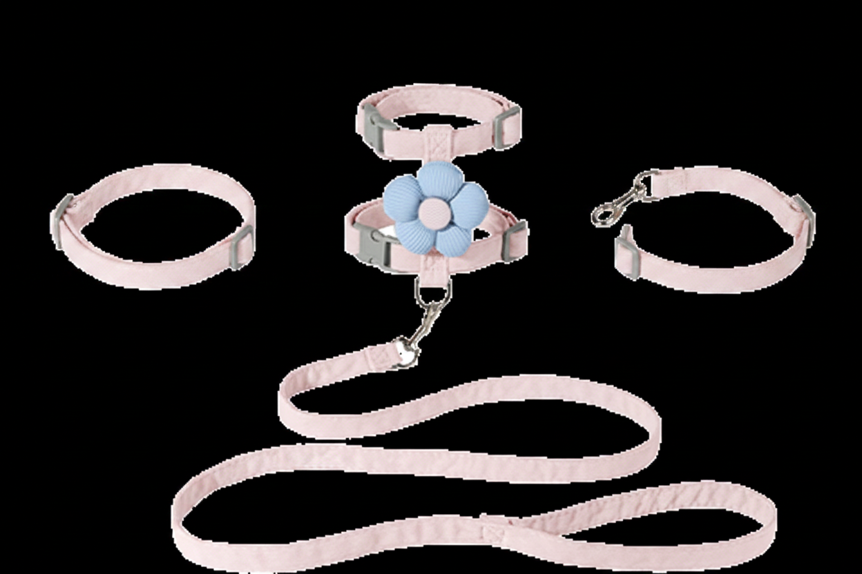 Pink cat collar harness and leash set components laid out separately on white background