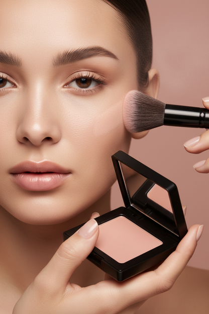 Lifestyle shot of pressed powder compact being used for skin touch-up