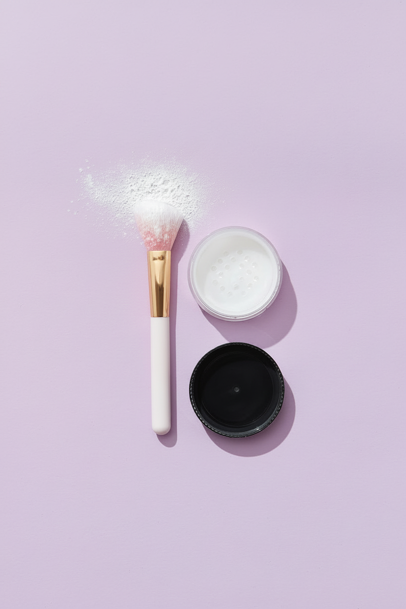 Black loose powder jar open with white powder and pink brush on lavender background studio shot
