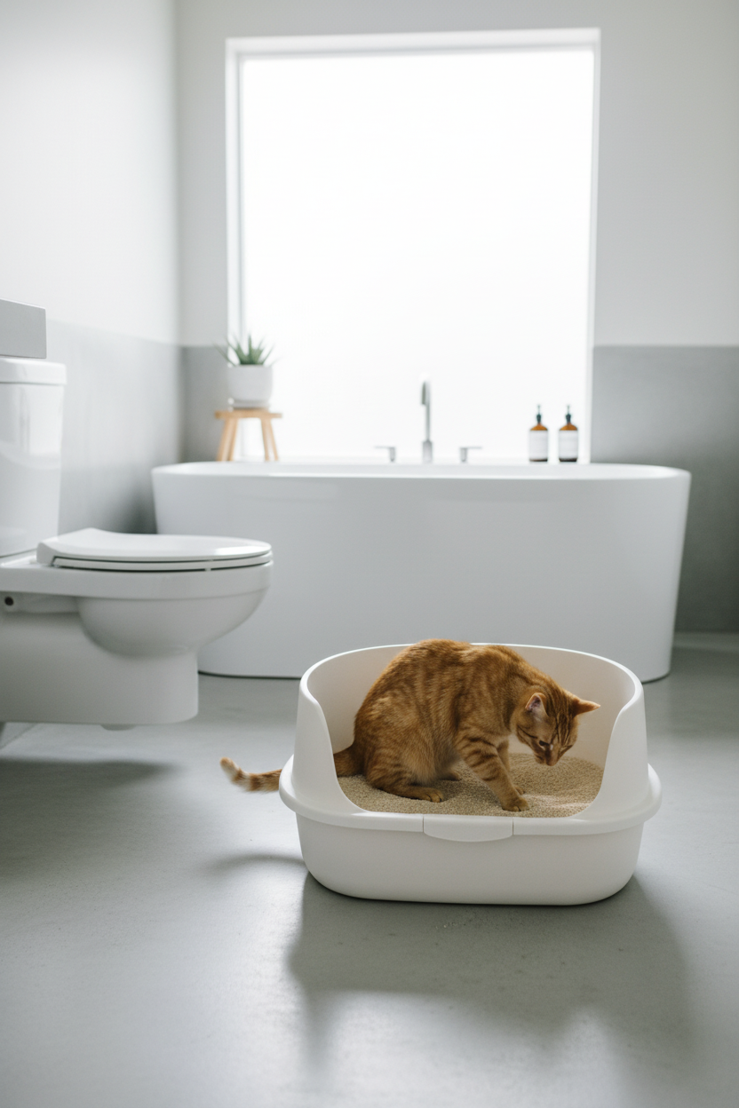 Orange cat stepping into cream white open litter box lifestyle photo