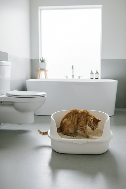 Orange cat stepping into cream white open litter box lifestyle photo